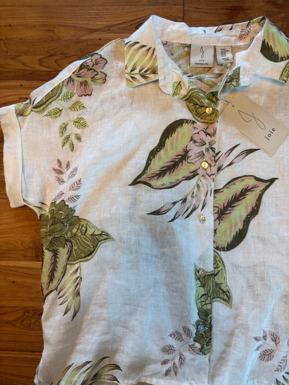 Joie White Linen Tropical Leaf Button-Up Shirt with Green & Pink Accents
